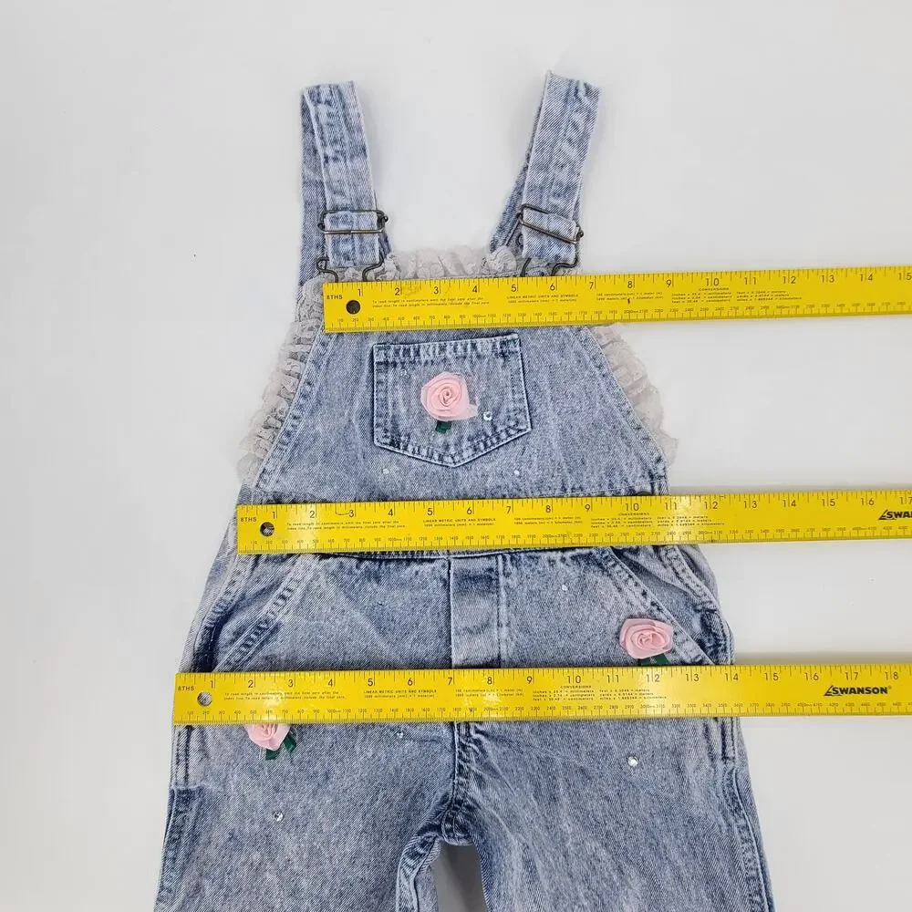 Vintage 80s NEIMAN MARCUS Girl's Acid Wash Lace Denim Jean Overalls 4T RARE 2929